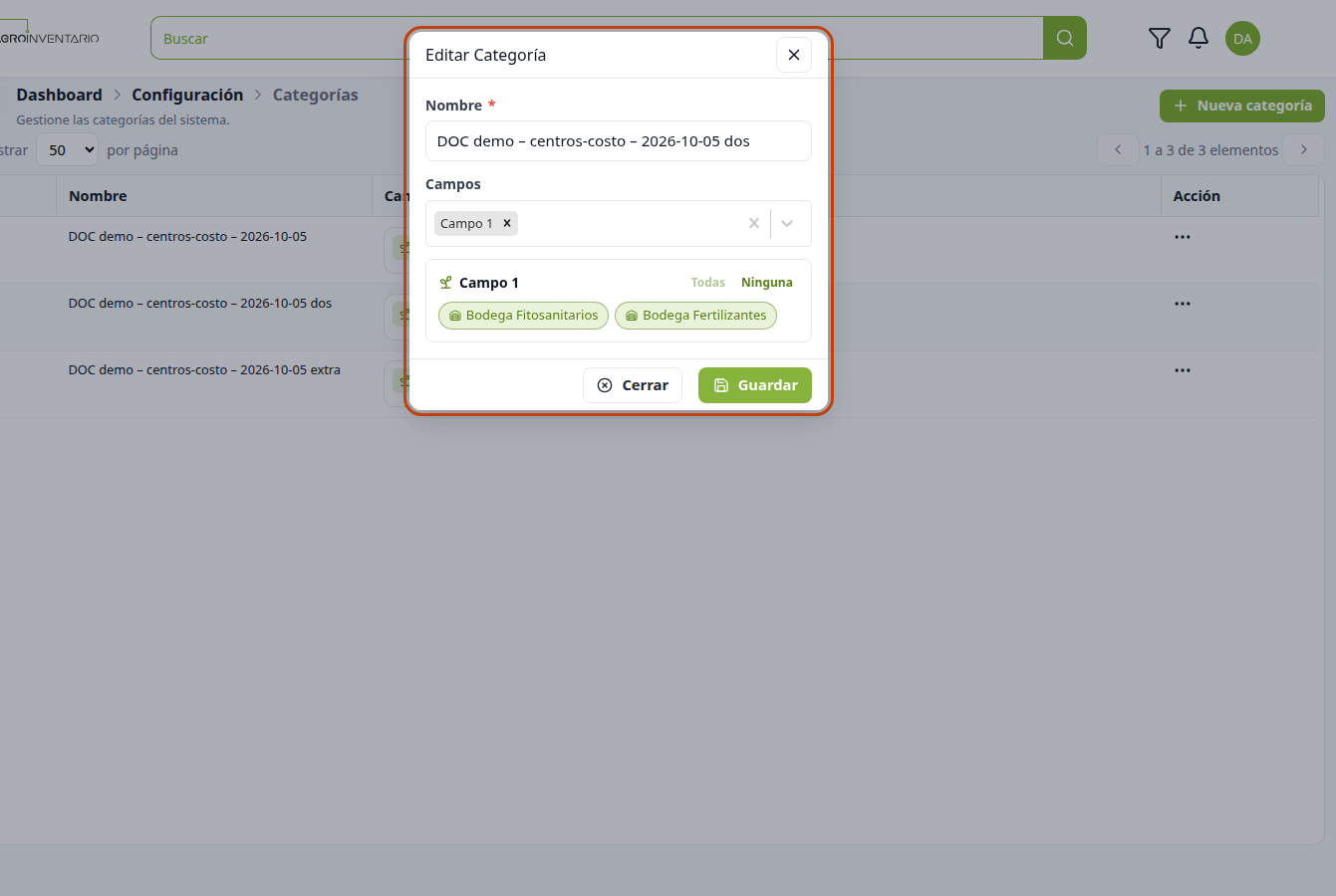 Editar Categoría con el nombre y Campo 1 ya cargados