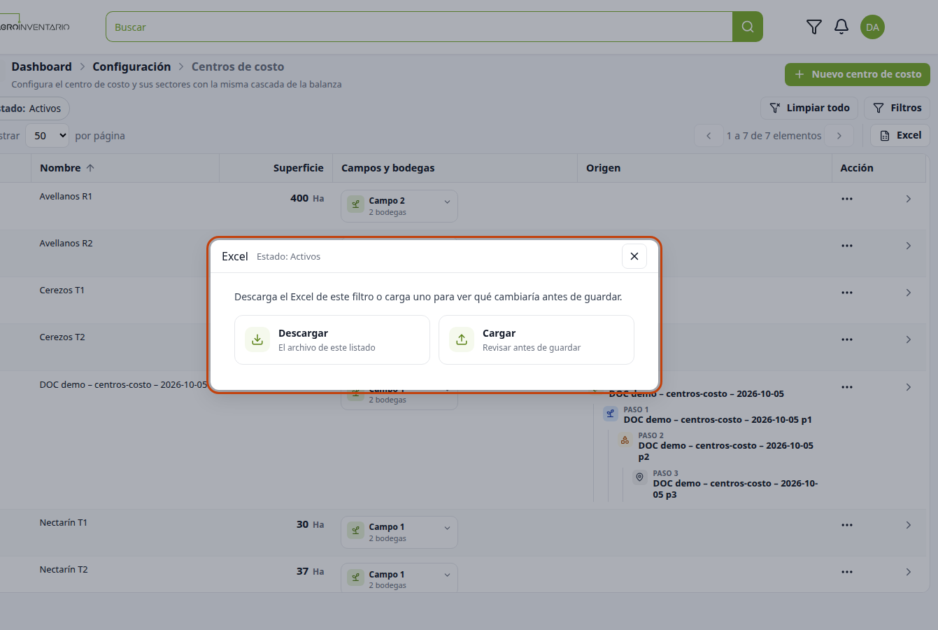 Cuadro Excel, con la opción de cargar marcada