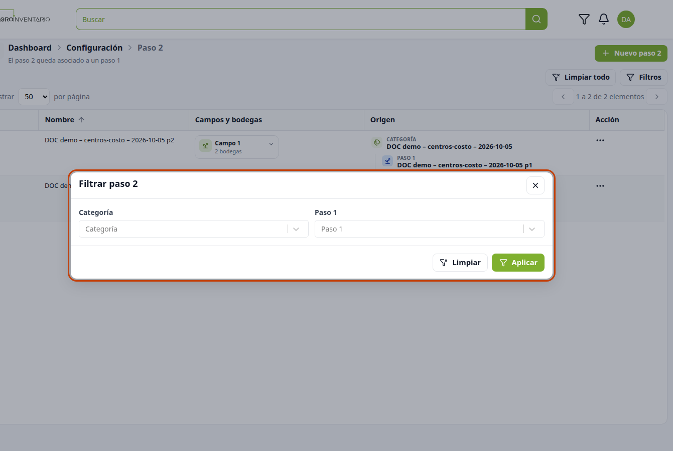 Panel Filtrar paso 2, con Aplicar marcado