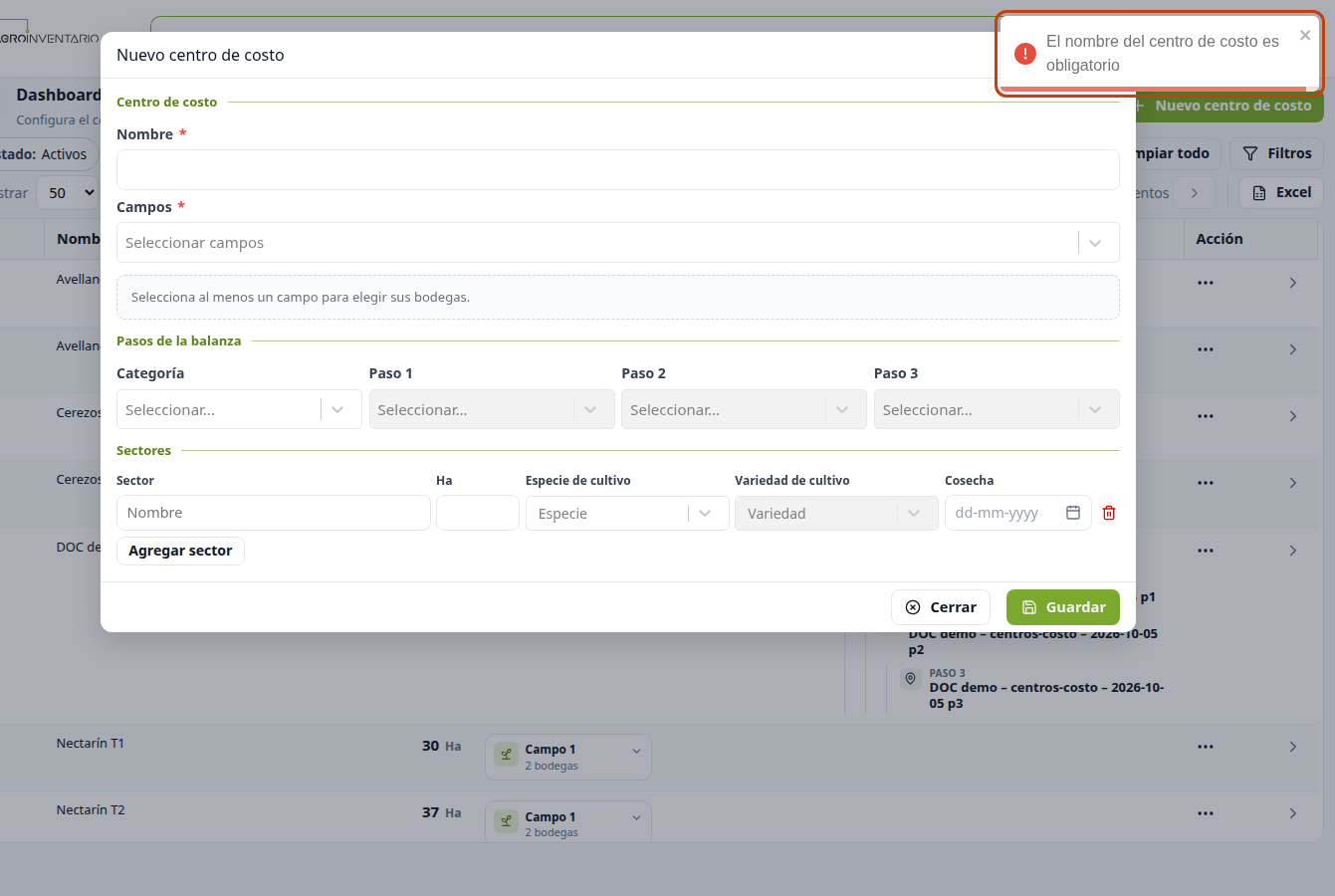 Aviso de nombre obligatorio del centro de costo
