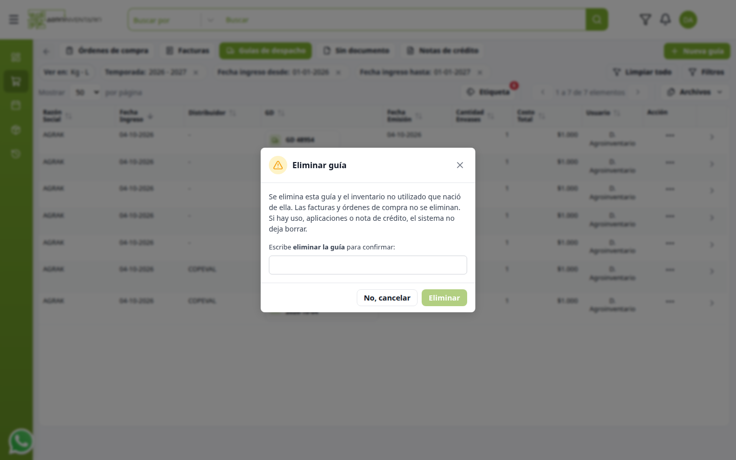 Confirmación para eliminar la guía