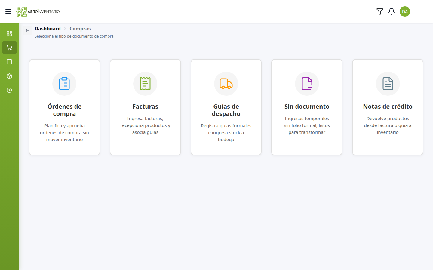 Inicio de Compras: órdenes, facturas, guías, sin documento y notas de crédito