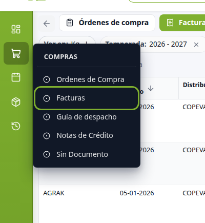 Menú Compras abierto, con Facturas