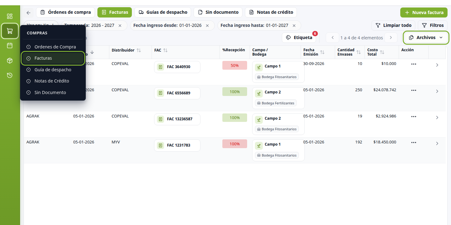 Listado de facturas, con Archivos marcado