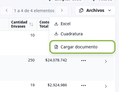 Archivos de facturas: Excel, Cuadratura y Cargar documento