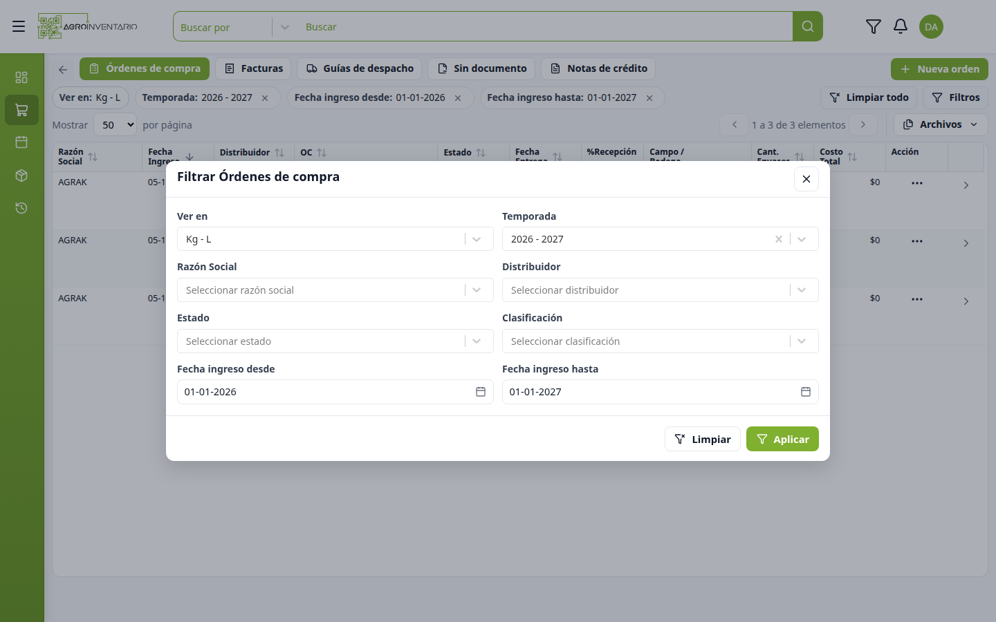 Panel Filtros de las órdenes de compra