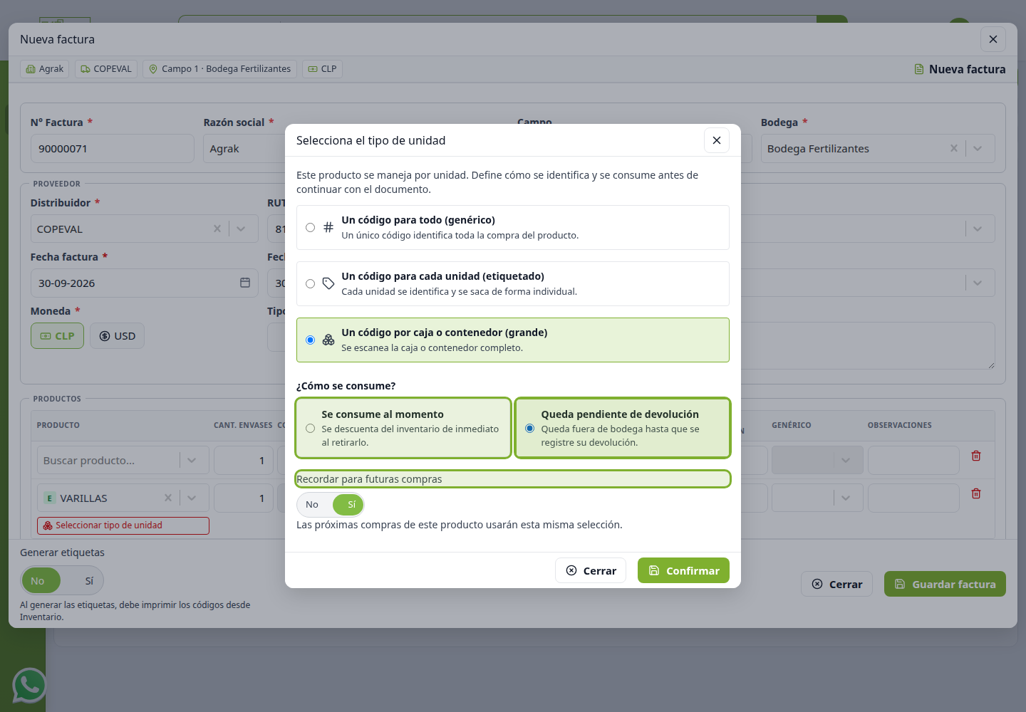 Cómo se consume y el interruptor Recordar para futuras compras