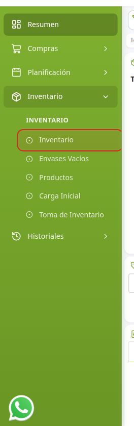 Menú Inventario, con la opción Inventario del stock