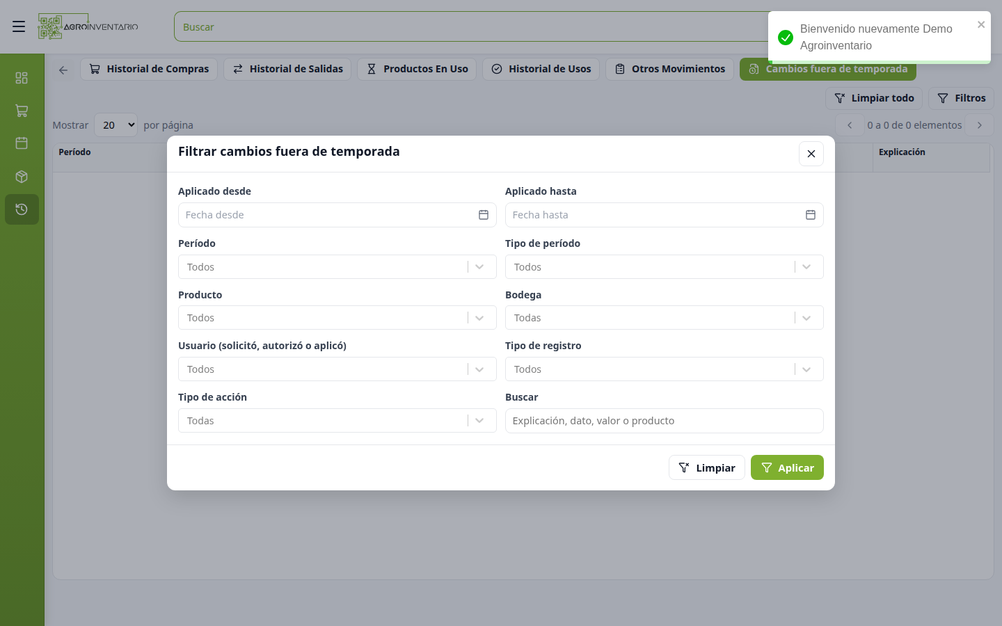 Panel Filtrar cambios fuera de temporada