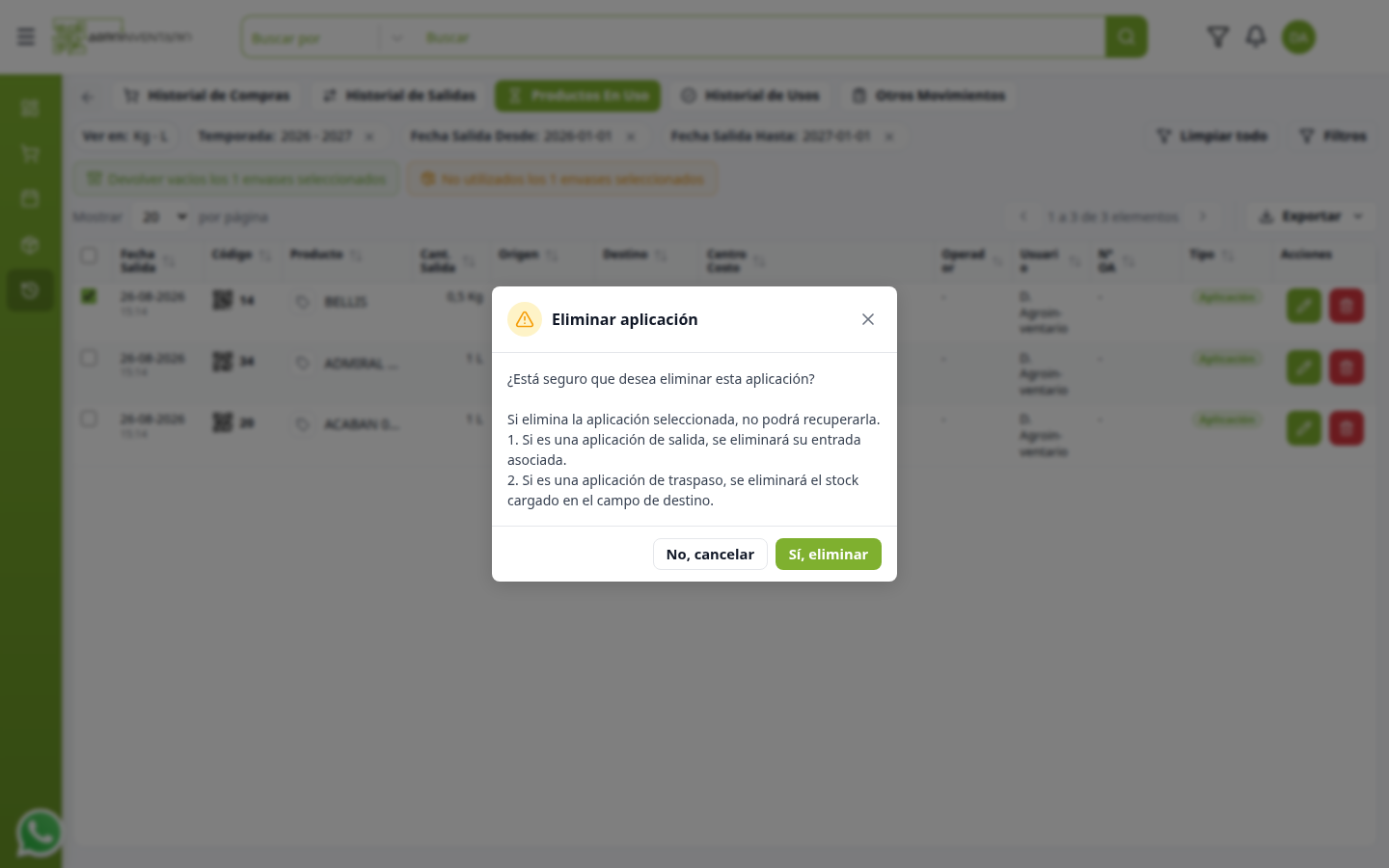 Aviso Eliminar aplicación fuera de bodega