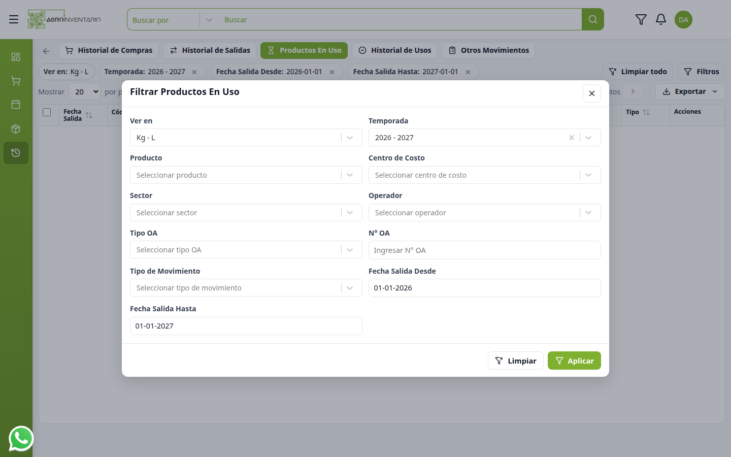 Panel Filtrar Productos En Uso