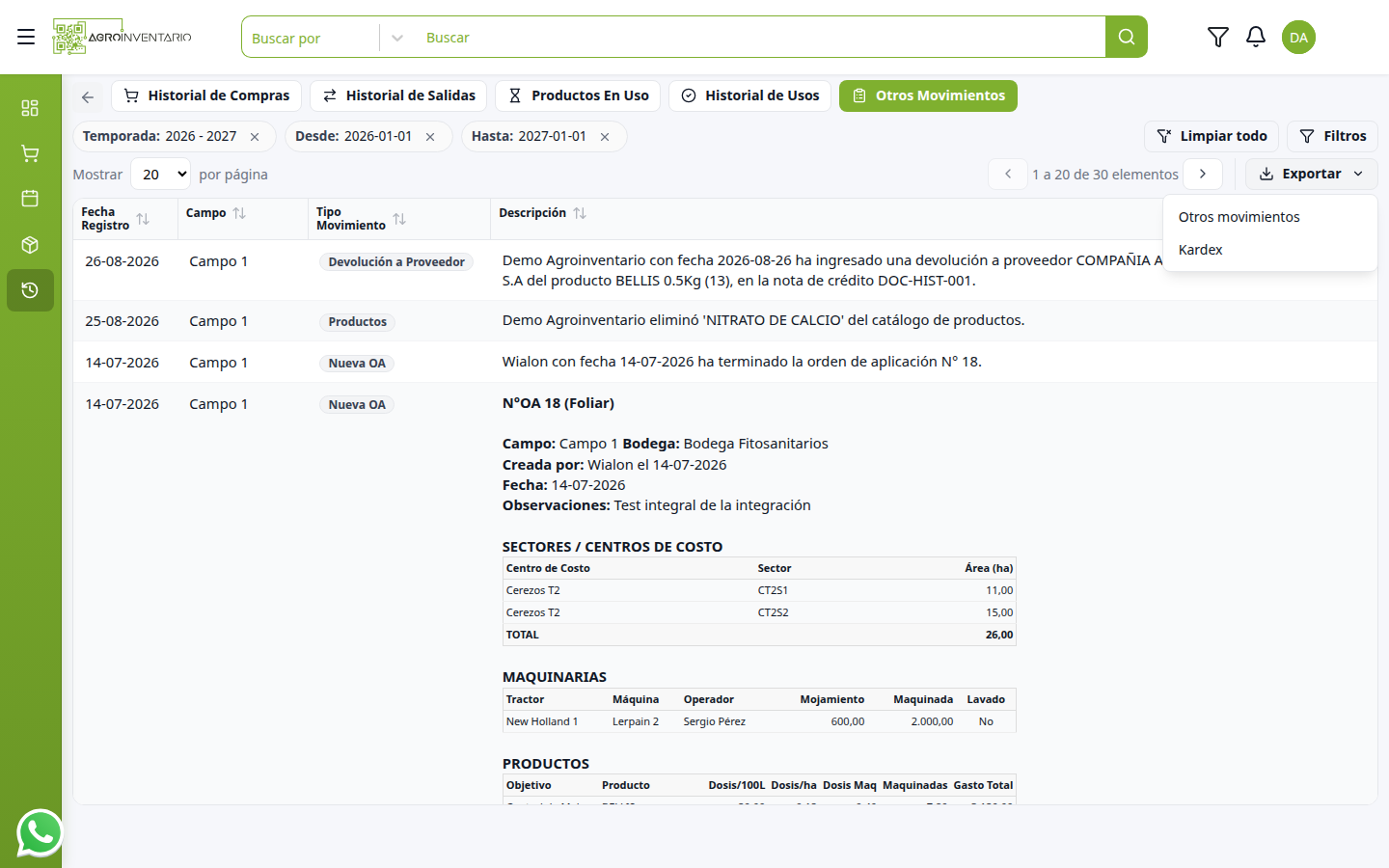 Exportar Otros movimientos y Kardex