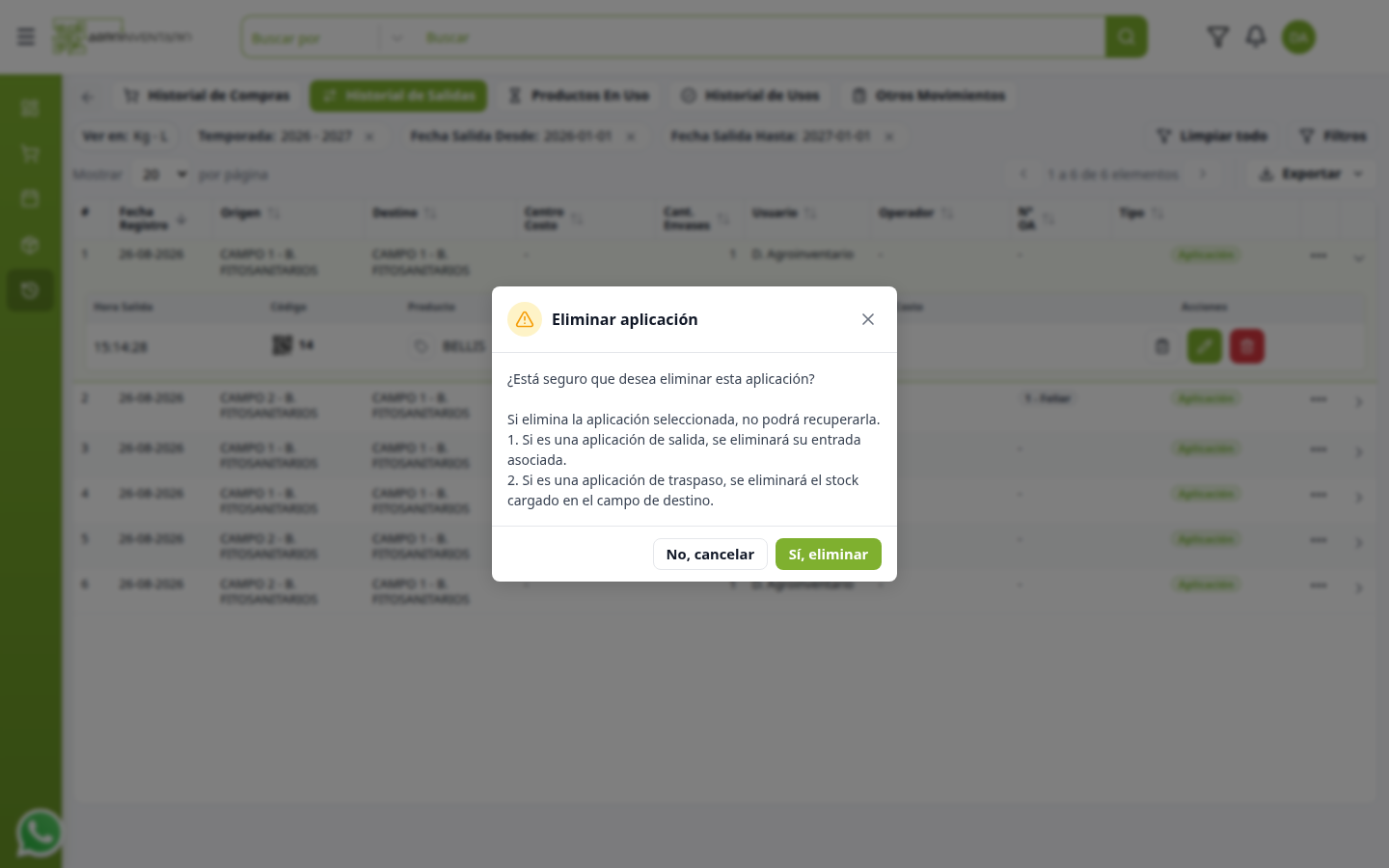 Aviso Eliminar aplicación en una salida