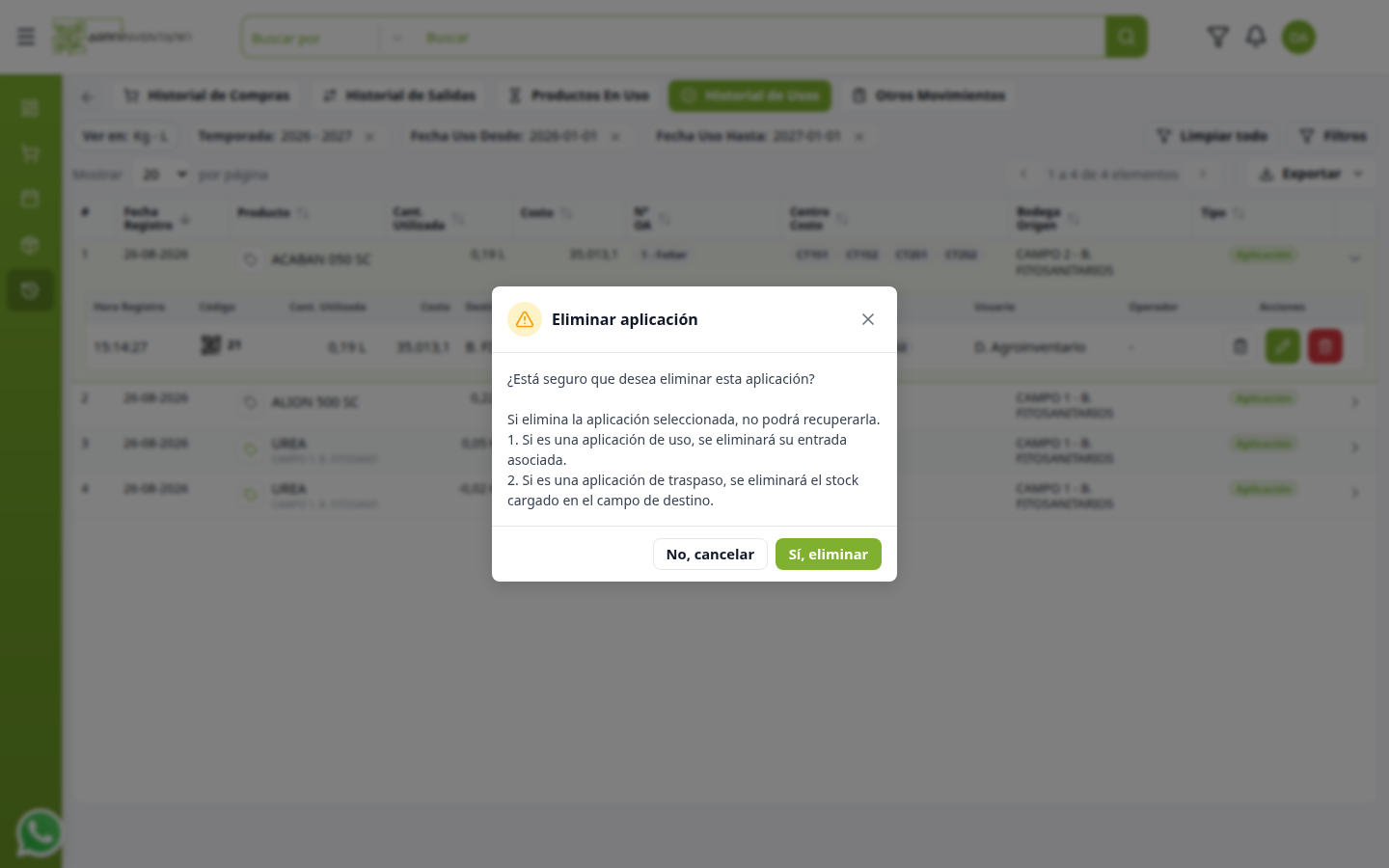 Aviso Eliminar aplicación en un uso