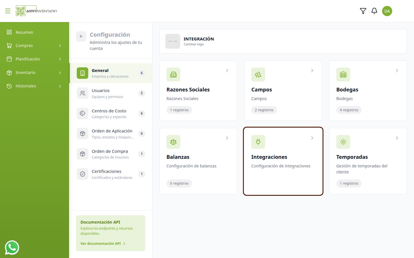 Tarjeta Integraciones en Configuración, sección General