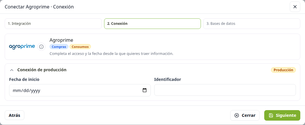 Agroprime: fecha de inicio e identificador, sin dirección