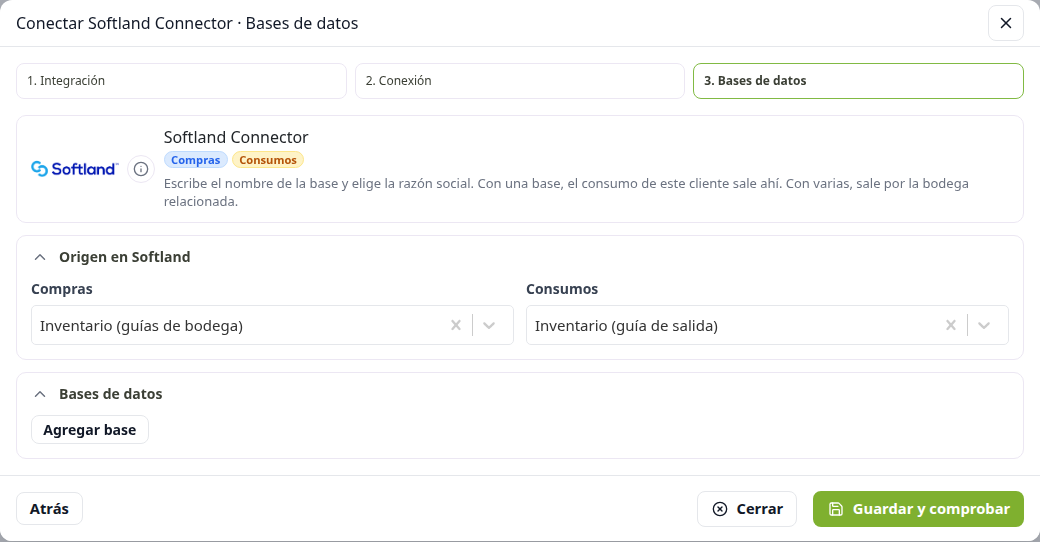 Origen de compras y consumos en Softland Connector