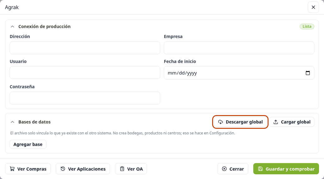 Descargar global y Cargar global cuando la integración está lista