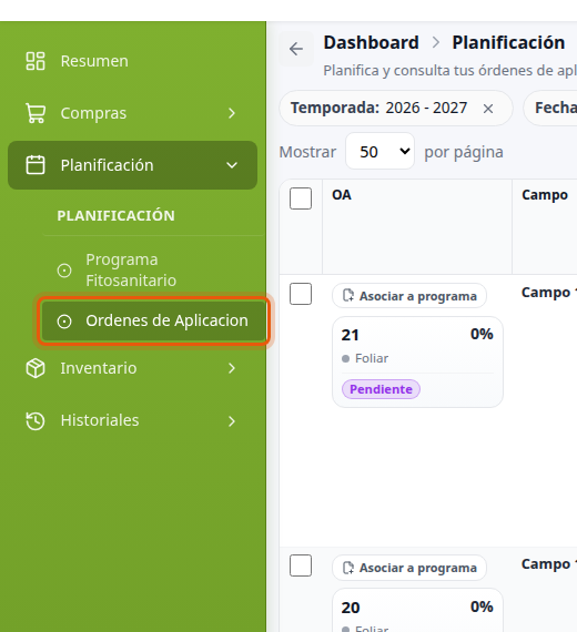 Menú Planificación con Ordenes de Aplicacion