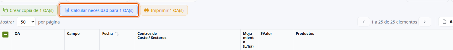 Barra con Calcular necesidad para 1 OA(s)