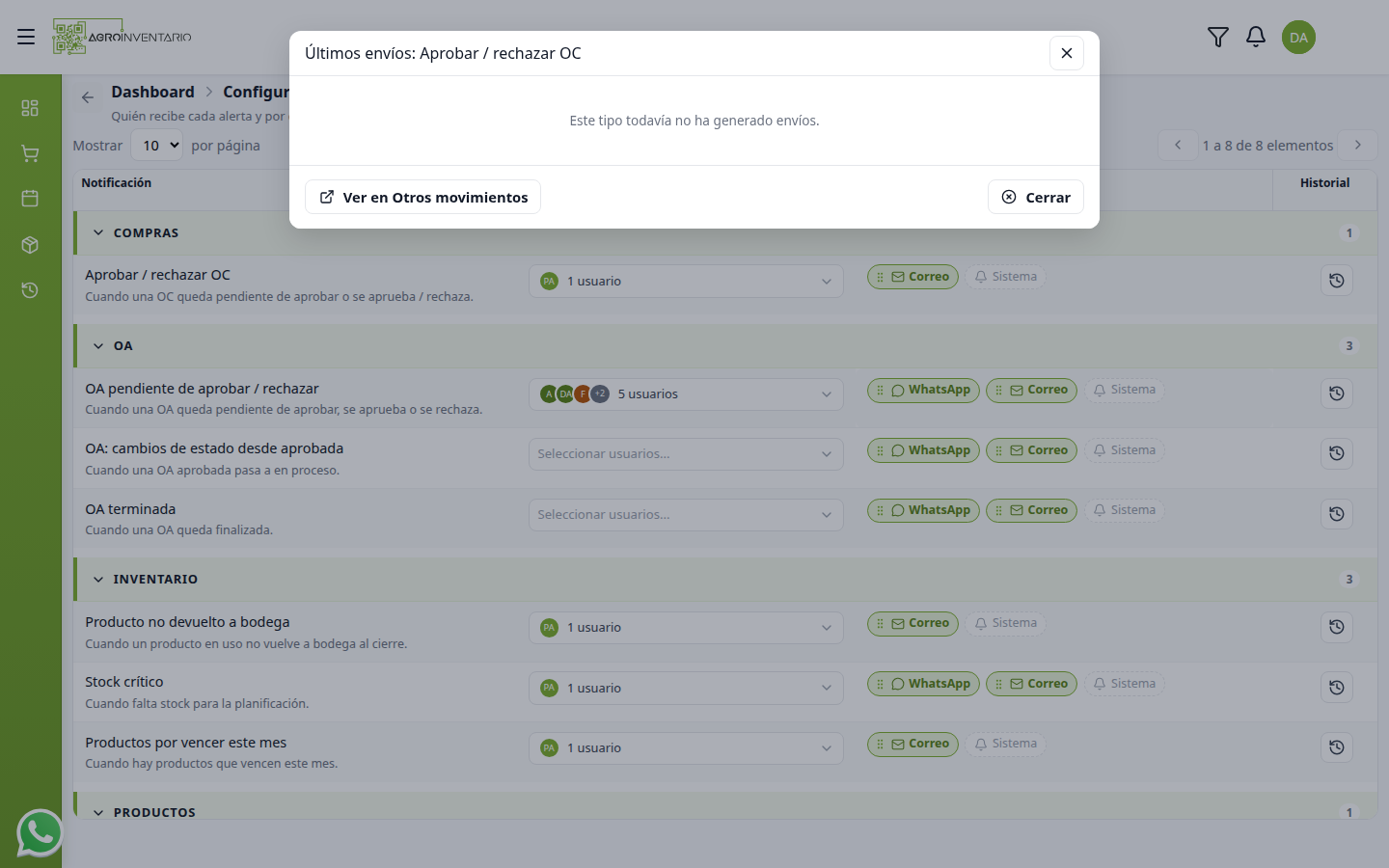 Modal Últimos envíos sin registros