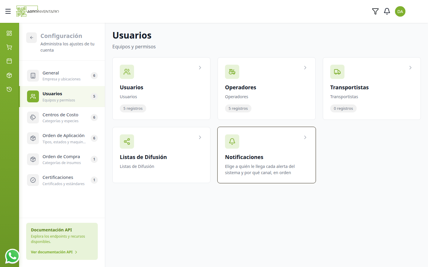Tarjeta Notificaciones en Configuración → Usuarios
