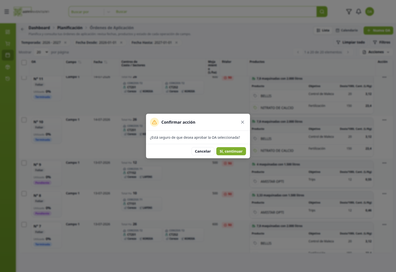 Modal Confirmar acción al aprobar