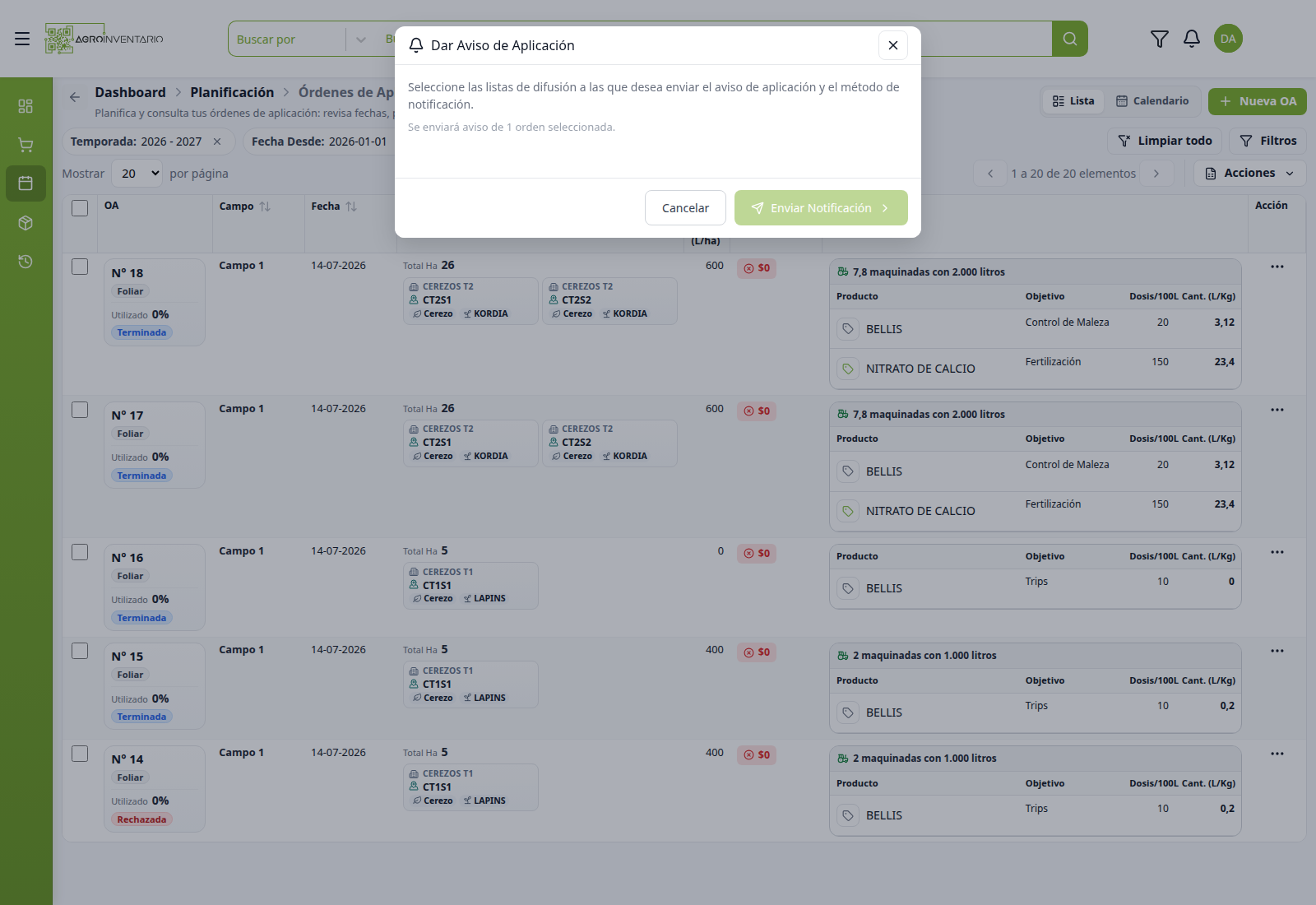 Modal Dar Aviso de Aplicación