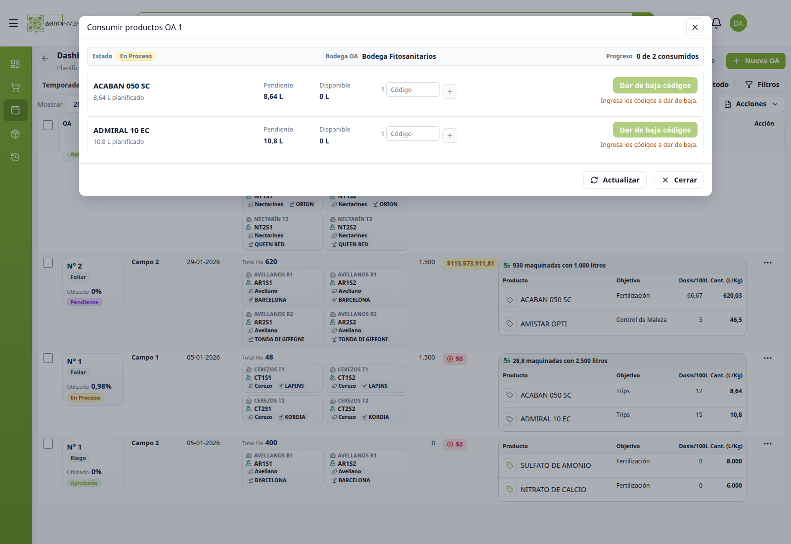 Modal Consumir productos OA 1, En Proceso, Disponible 0 L