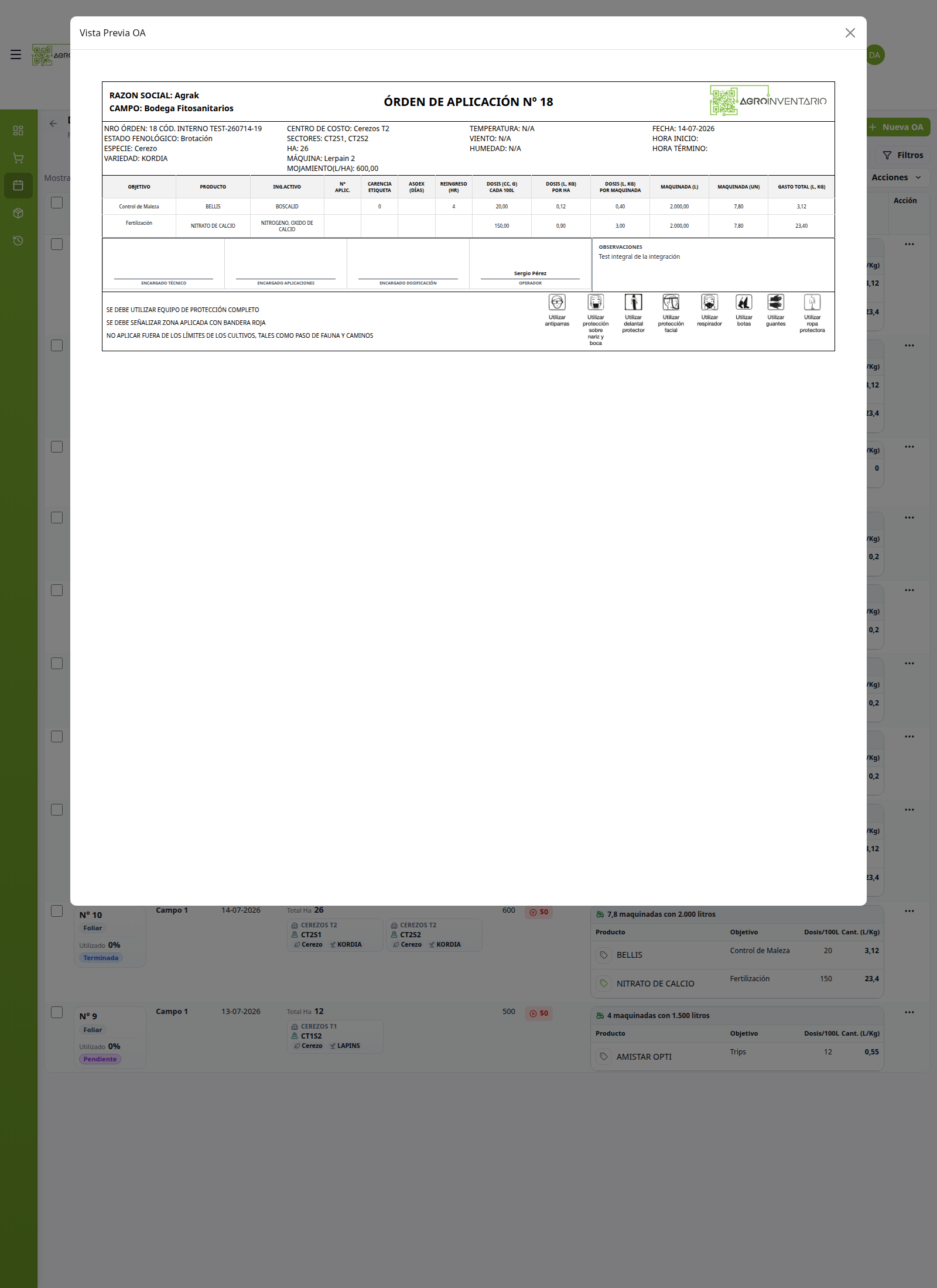 Modal Vista Previa OA con productos y firmas