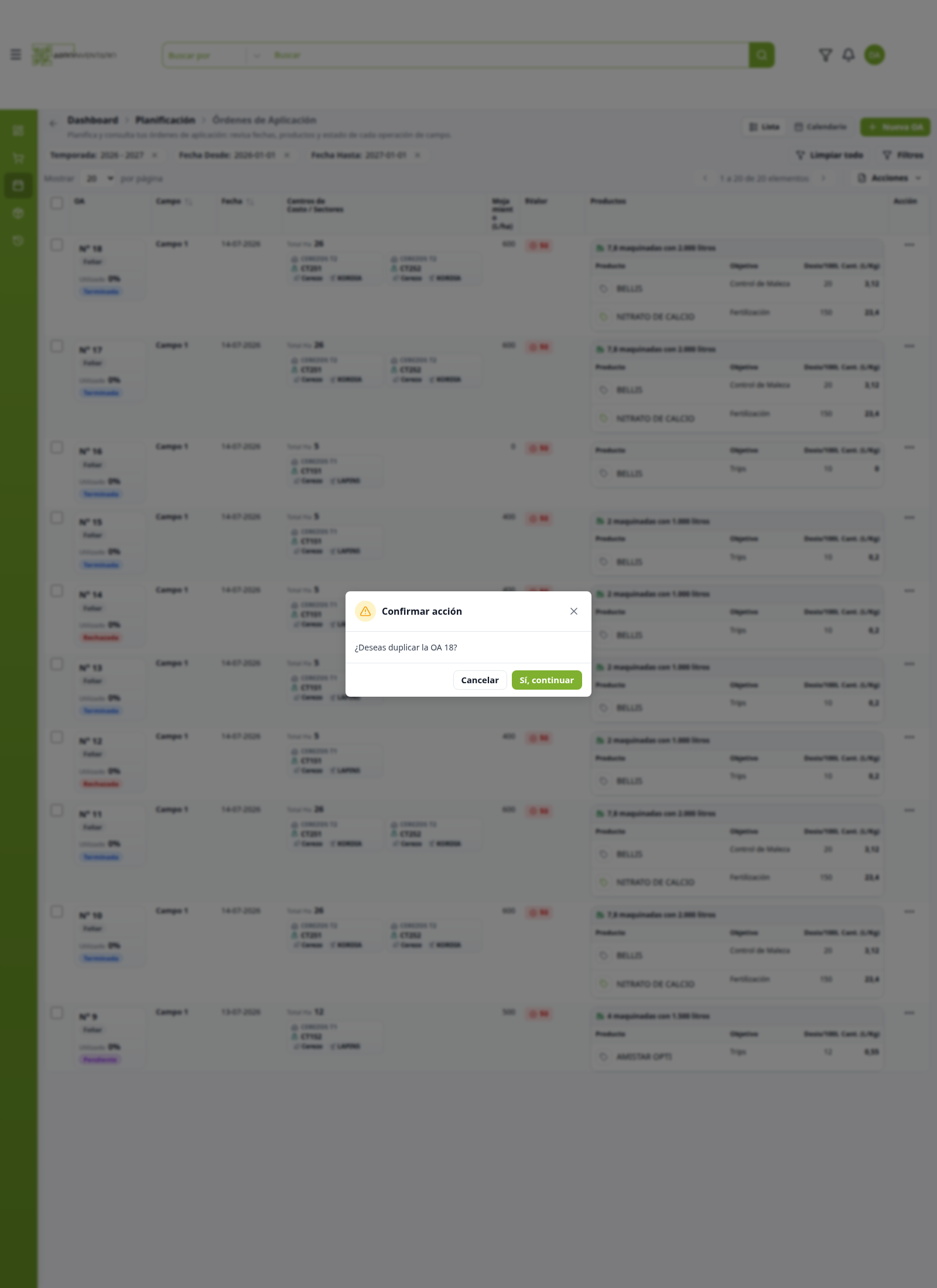 Modal ¿Deseas duplicar la OA 18?