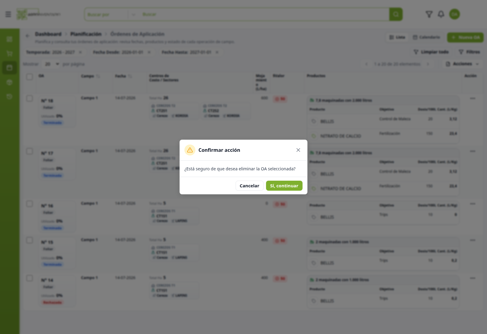 Modal Confirmar acción al eliminar