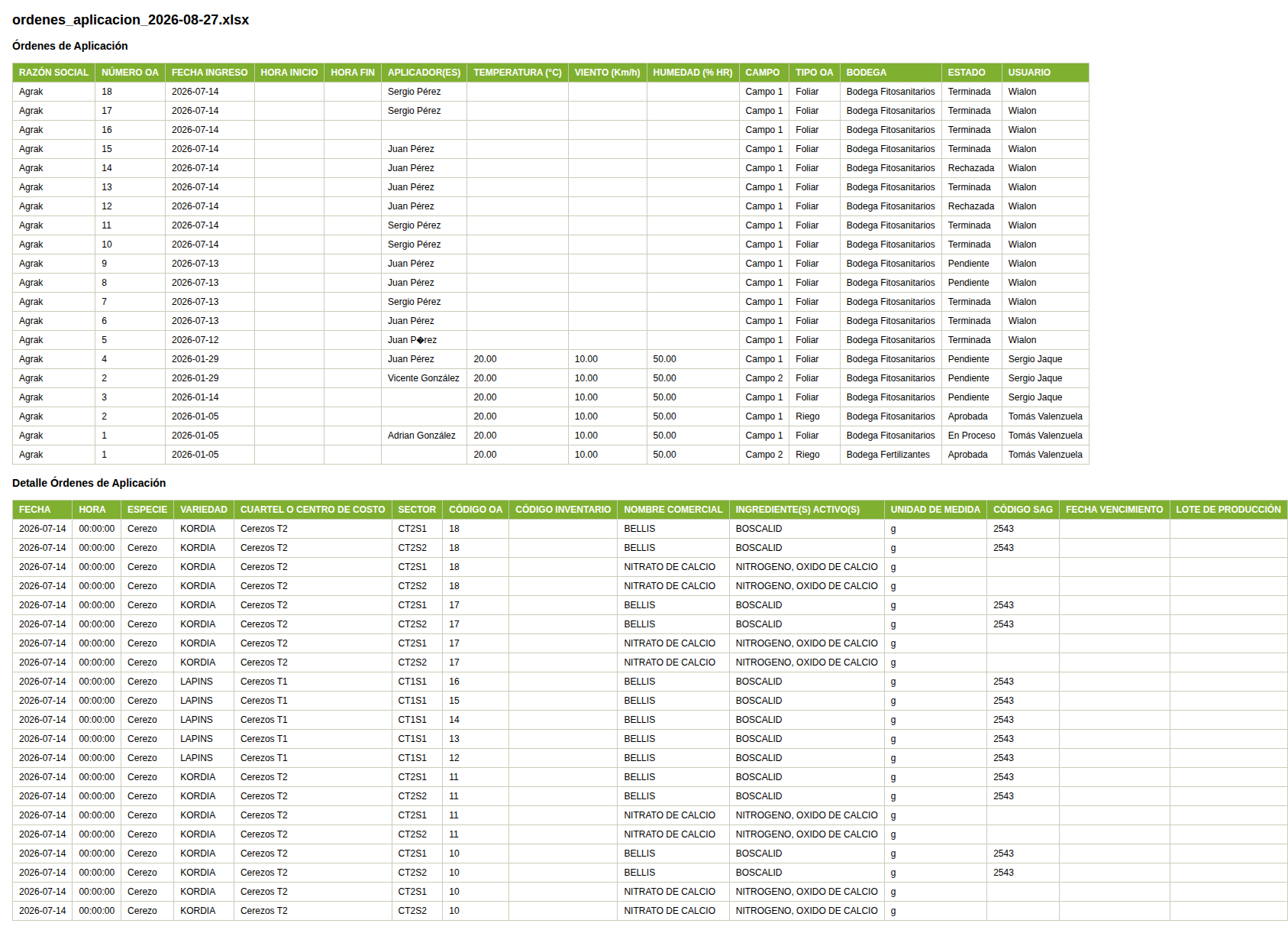 Excel de órdenes con varias filas y estados