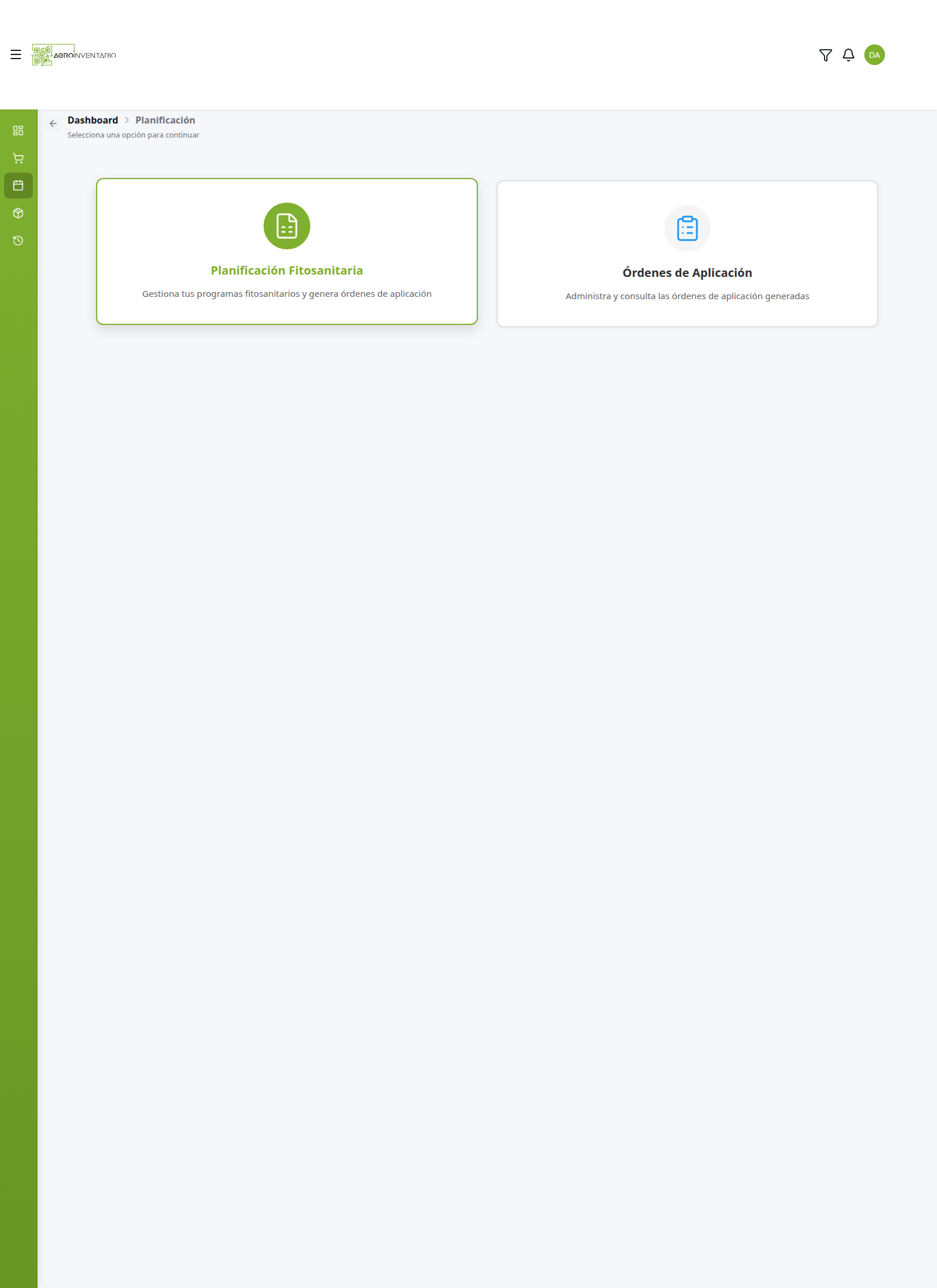 Hub de Planificación con las dos tarjetas