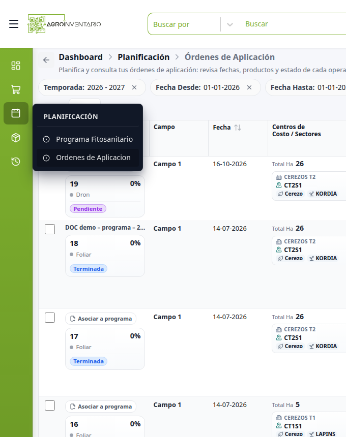 Menú Planificación abierto en Ordenes de Aplicacion