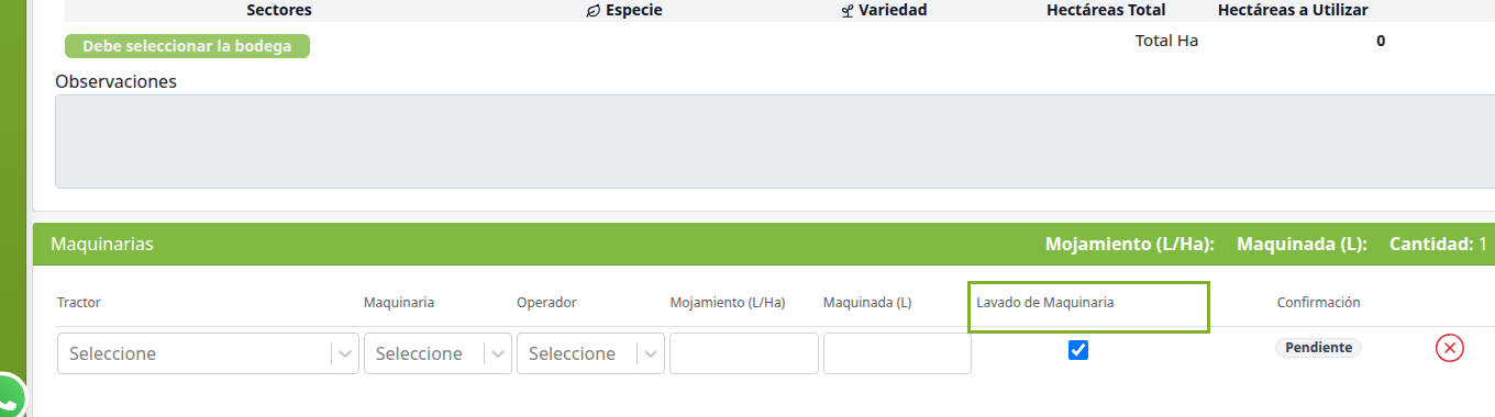 Checkbox Lavado de Maquinaria en el bloque Maquinarias