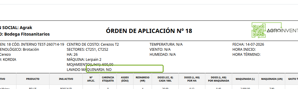 Encabezado de la papeleta con LAVADO MAQUINARIA marcado