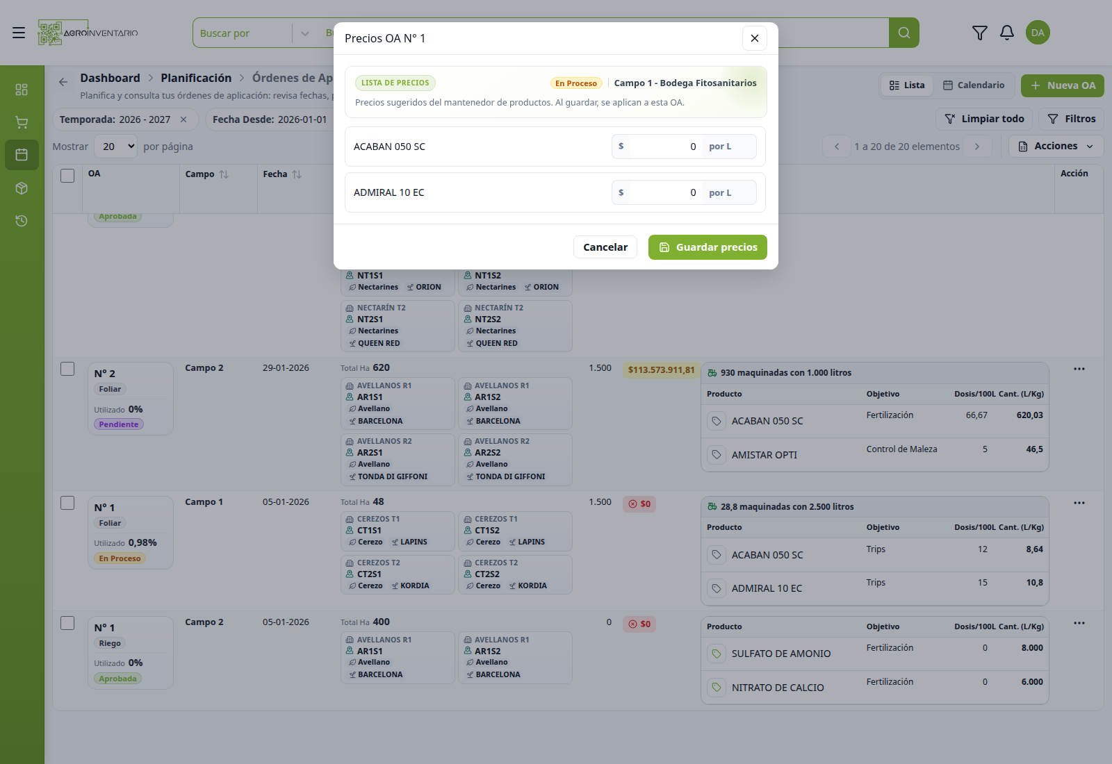 Modal Precios OA N° 1