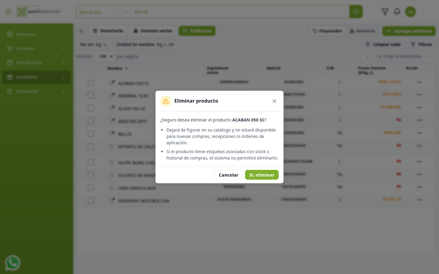 Confirmación al eliminar un producto etiquetado