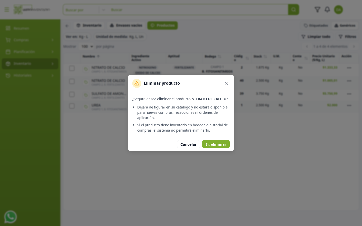 Confirmación al eliminar un producto genérico
