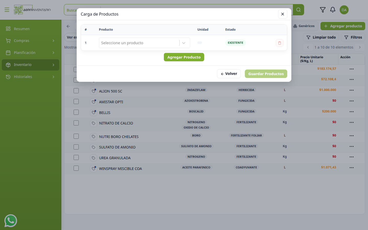 Carga unitaria con selector de producto