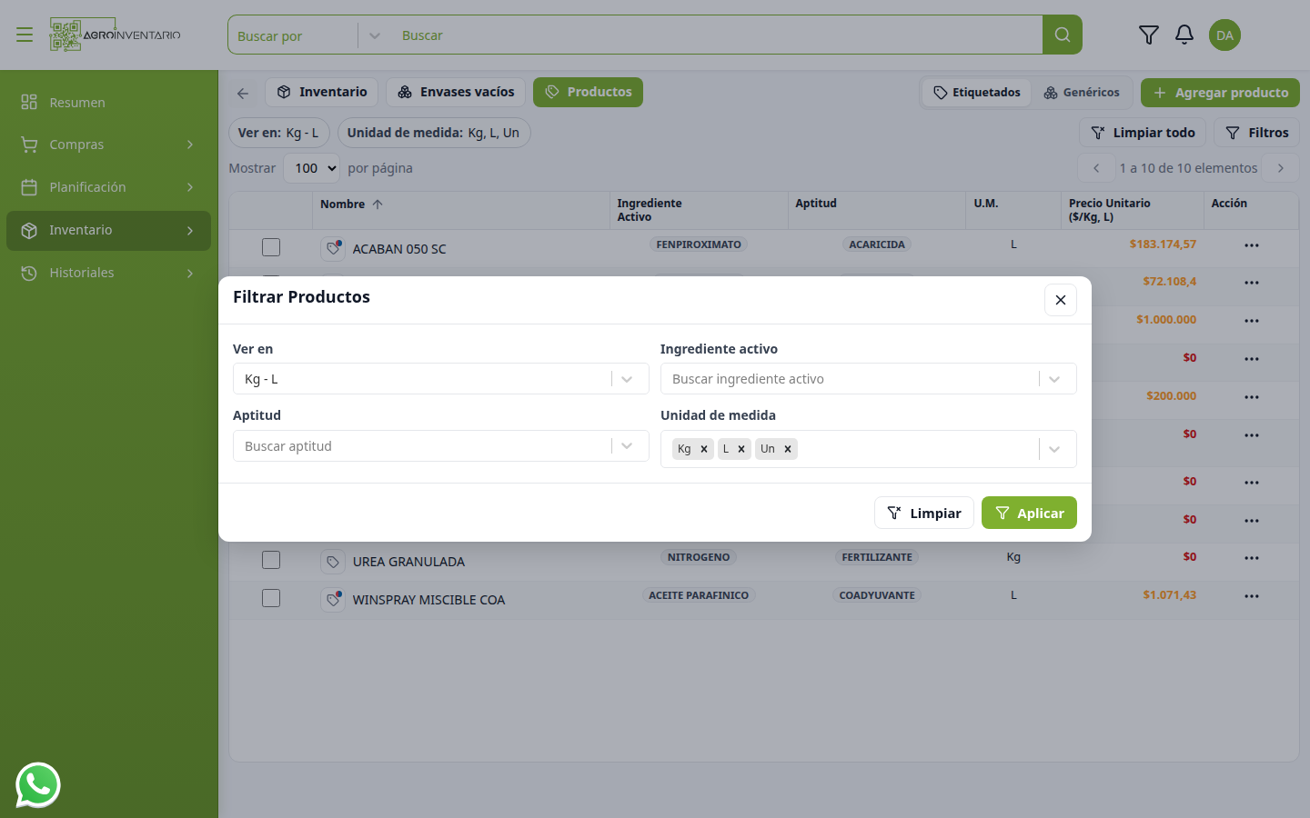 Panel Filtrar Productos