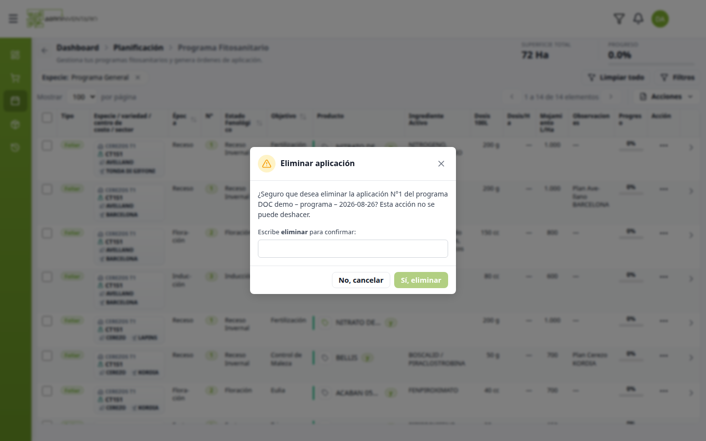 Modal Eliminar aplicación pidiendo escribir eliminar