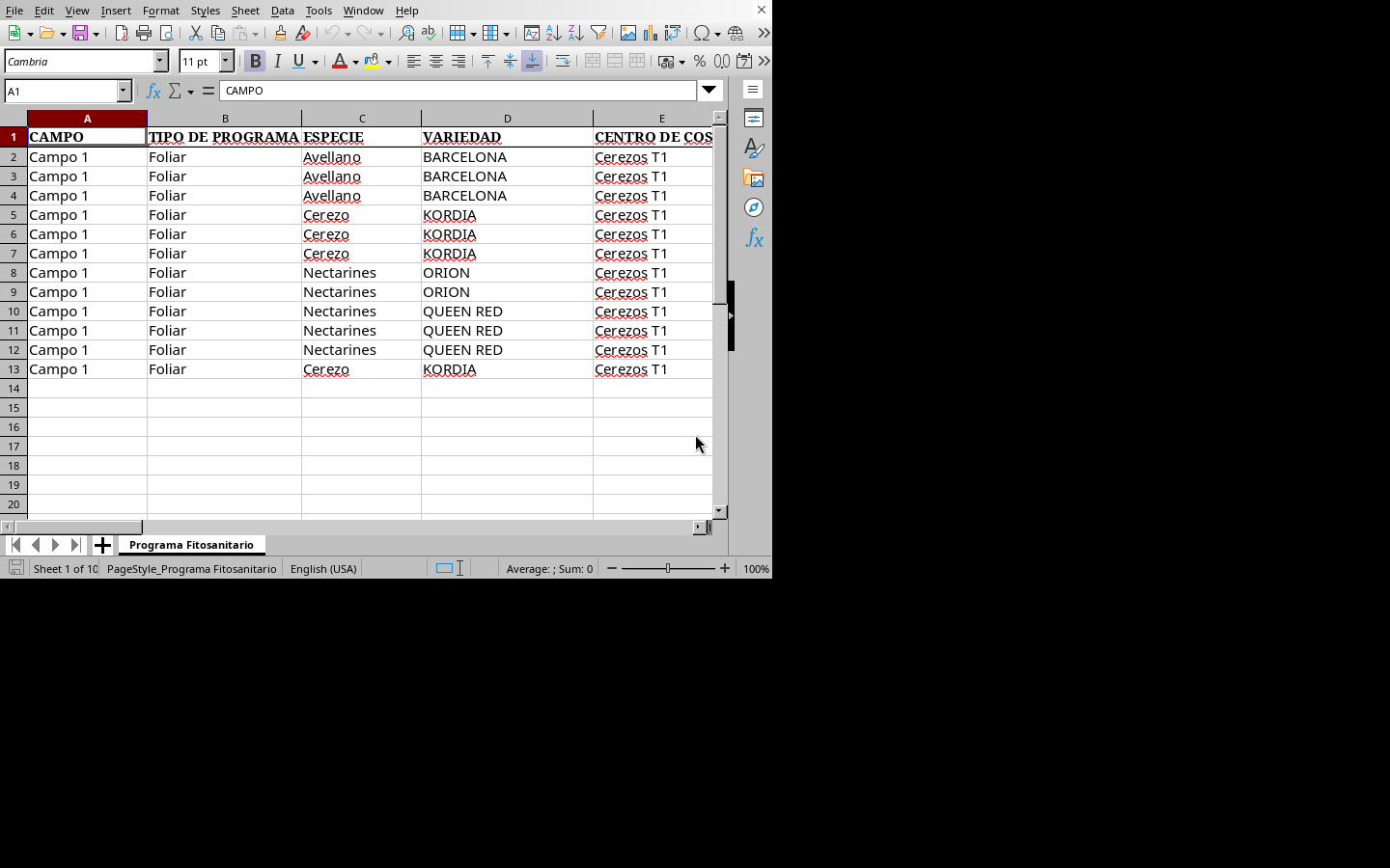 Excel del programa con varias especies y aplicaciones