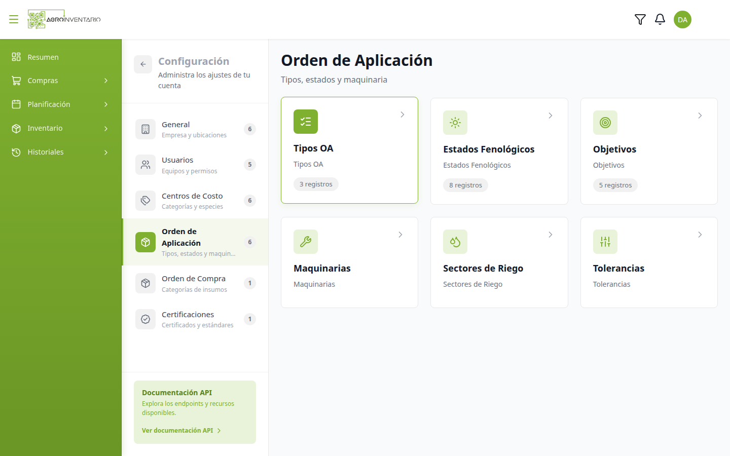 Configuración, sección Orden de Aplicación, con la tarjeta Tipos OA