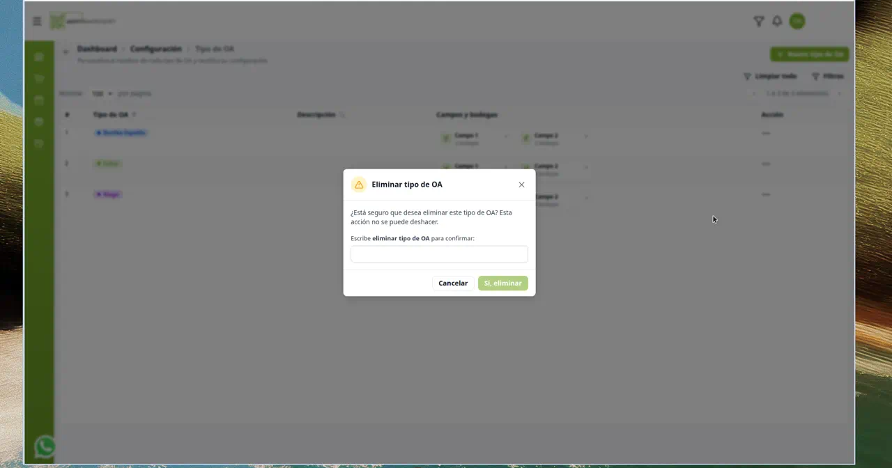 Confirmación para eliminar un tipo de OA
