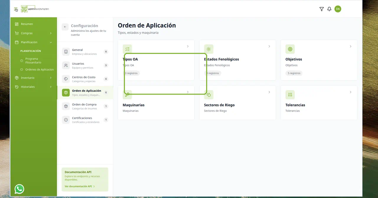 Hub de Configuración con la tarjeta Tipos OA