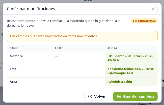 Revisión de nombre, correo y área antes de crear