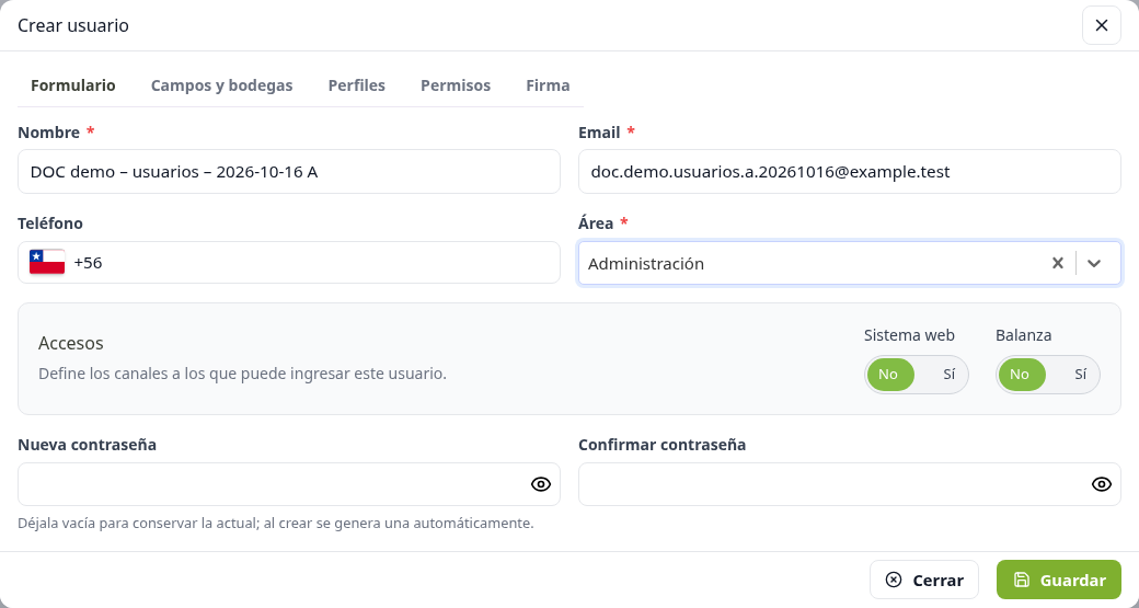 Ficha con nombre, correo y área