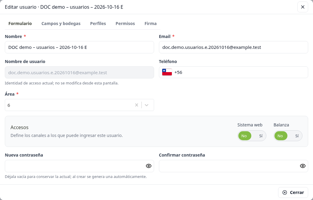 Ficha de un usuario de demostración